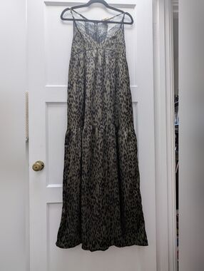 lovestitch Olive and Black Leopard Tiered Maxi Skirt